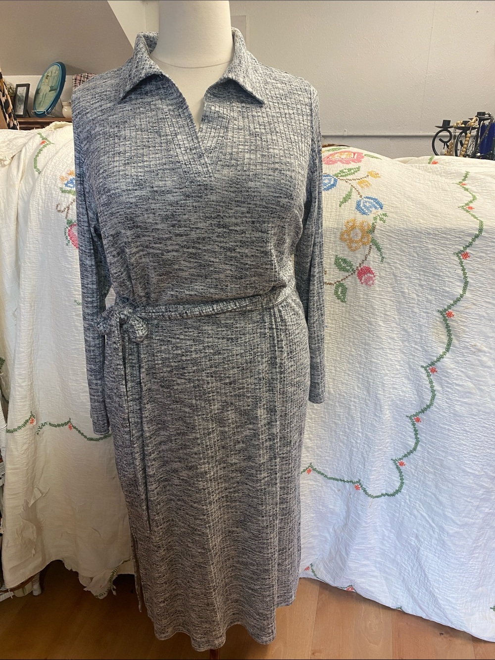 Lane Bryant -Heather Gray -Long-Sleeve aCollared Midi Dress